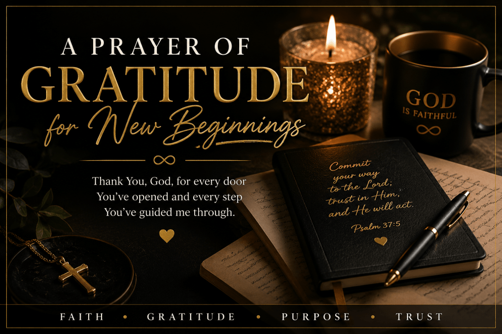 A black and gold Christian prayer image featuring a candle, journal, cross, and the words "A Prayer of Gratitude for New Beginnings" celebrating God's faithfulness and new beginnings.
