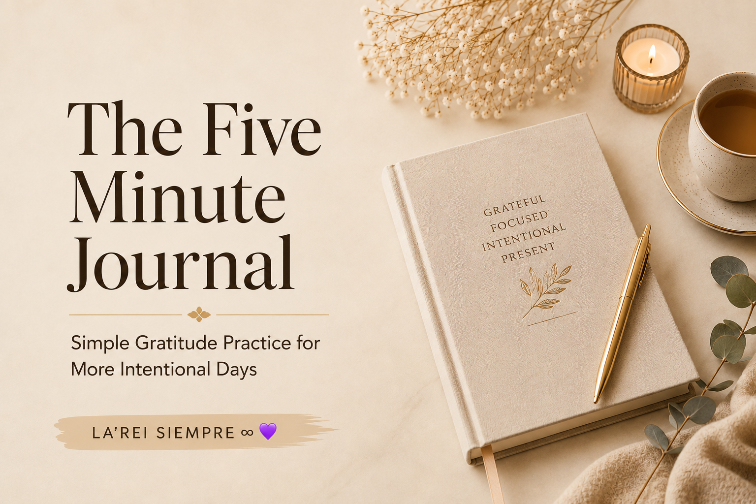 The Five Minute Journal featured image with a beige gratitude journal, gold pen, tea cup and soft neutral desk styling.