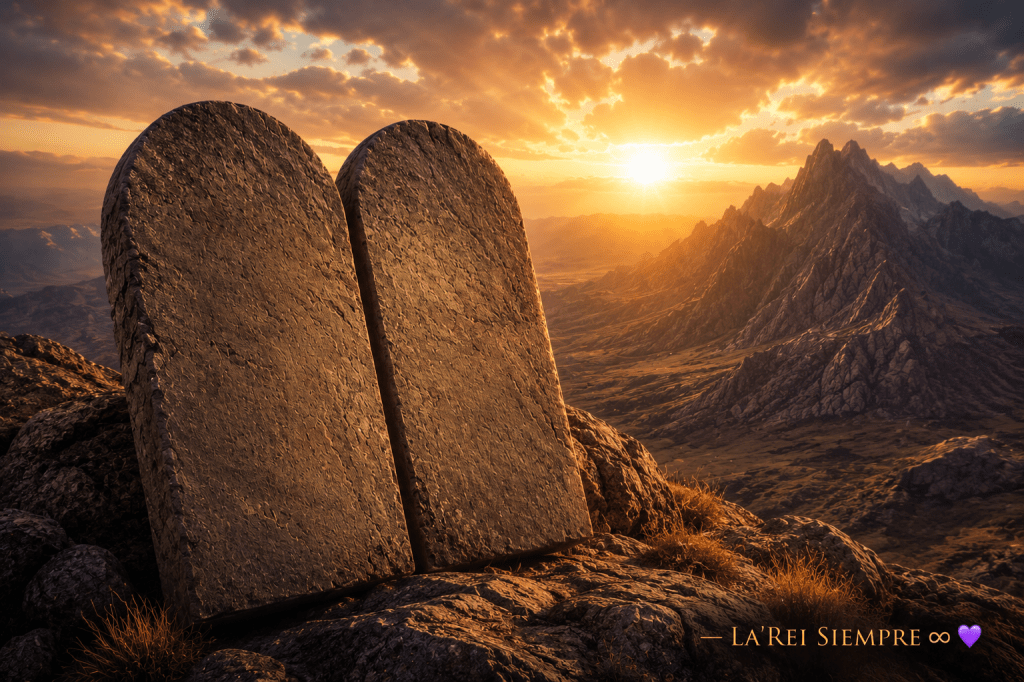 Two stone tablets representing the Ten Commandments overlooking a mountain landscape at sunrise, with LA’REI SIEMPRE signature. 💜
