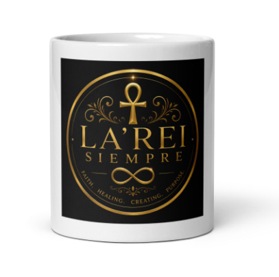 LA’REI SIEMPRE Black and Gold Signature Mug featuring the gold ankh and infinity emblem on a black background.