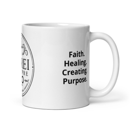 LA’REI SIEMPRE Signature Mug featuring the four brand pillars: Faith, Healing, Creating and Purpose.