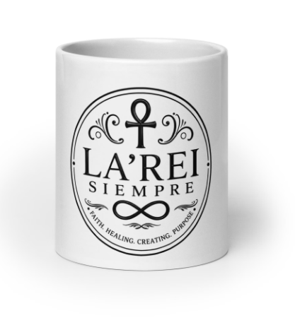 LA’REI SIEMPRE Black Transparent Signature Mug featuring the black ankh and infinity emblem on a white ceramic mug.