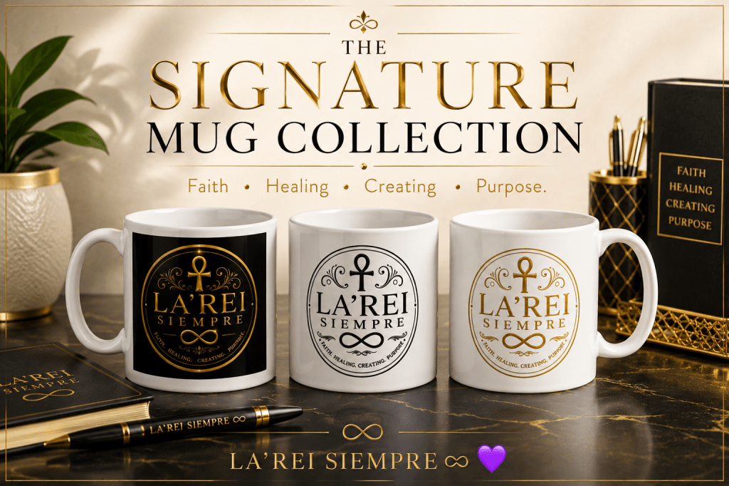 LA’REI SIEMPRE Signature Mug Collection featuring three black and gold branded mugs representing Faith, Healing, Creating and Purpose.
