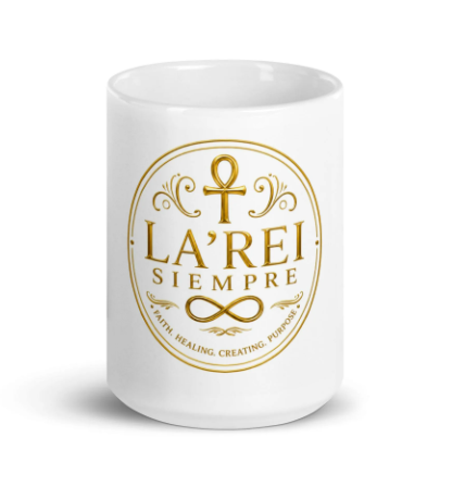 LA’REI SIEMPRE Gold Transparent Signature Mug featuring the gold ankh and infinity emblem on a white ceramic mug.