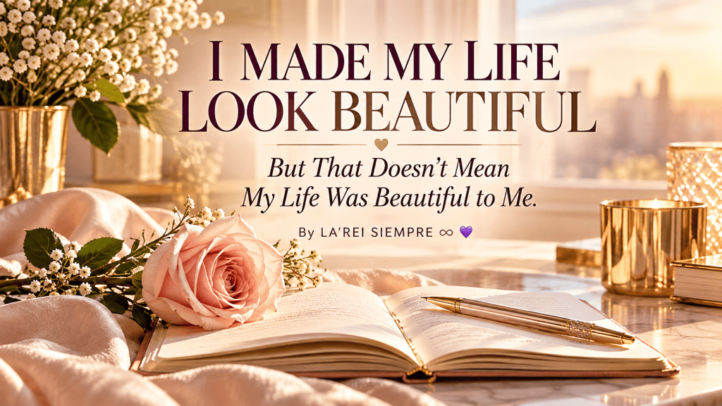 A blush rose beside an open journal and gold pen in warm sunlight, with the title “I Made My Life Look Beautiful” and its reflective subtitle.