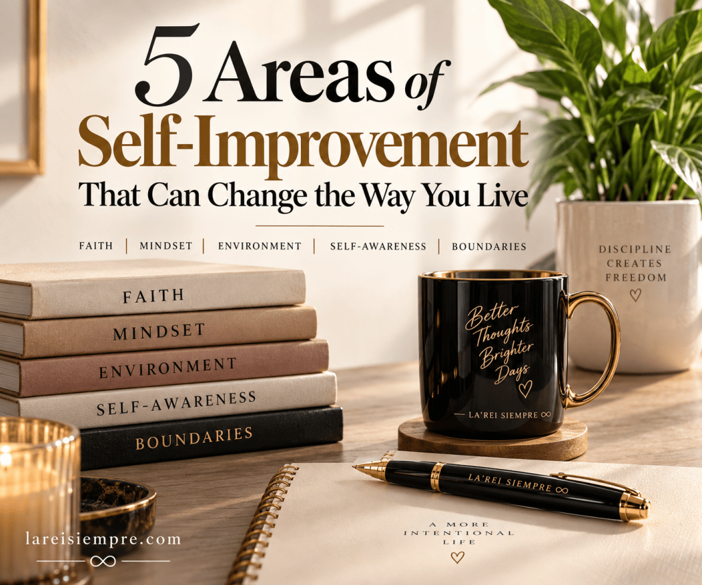 Featured image for 5 Areas of Self-Improvement, showing Faith, Mindset, Environment, Self-Awareness and Boundaries alongside LA’REI SIEMPRE branded personal growth items.