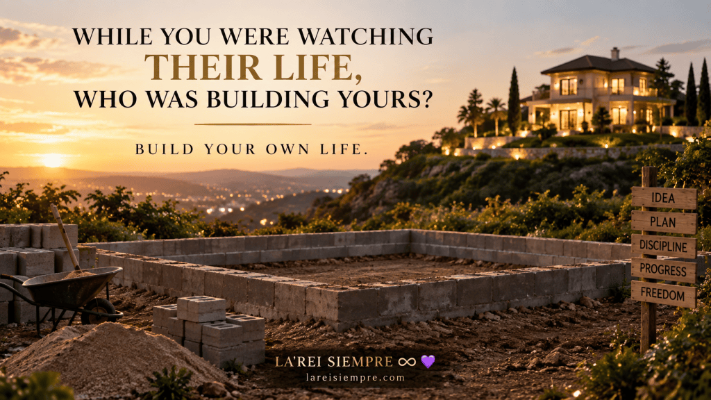 Unfinished building foundation overlooking a completed home at sunset, representing the importance of building your own life instead of comparing it with someone else’s.